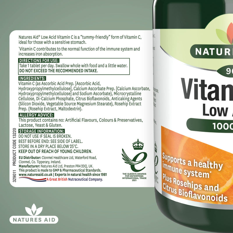 Natures Aid Vitamin C Low Acid Tablets 1000mg Pack of 90 Vitamin C Low Acid 1000mg, 90 Tablets - BeesActive Australia