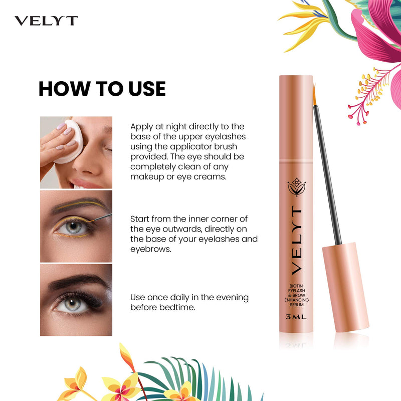 Velyt Biotin Eyelash & Brow Enhancing Serum - Lashes Serum Growth Rapid-Longer Fuller Lashes - Natural - Irritant Free (3ml) - BeesActive Australia