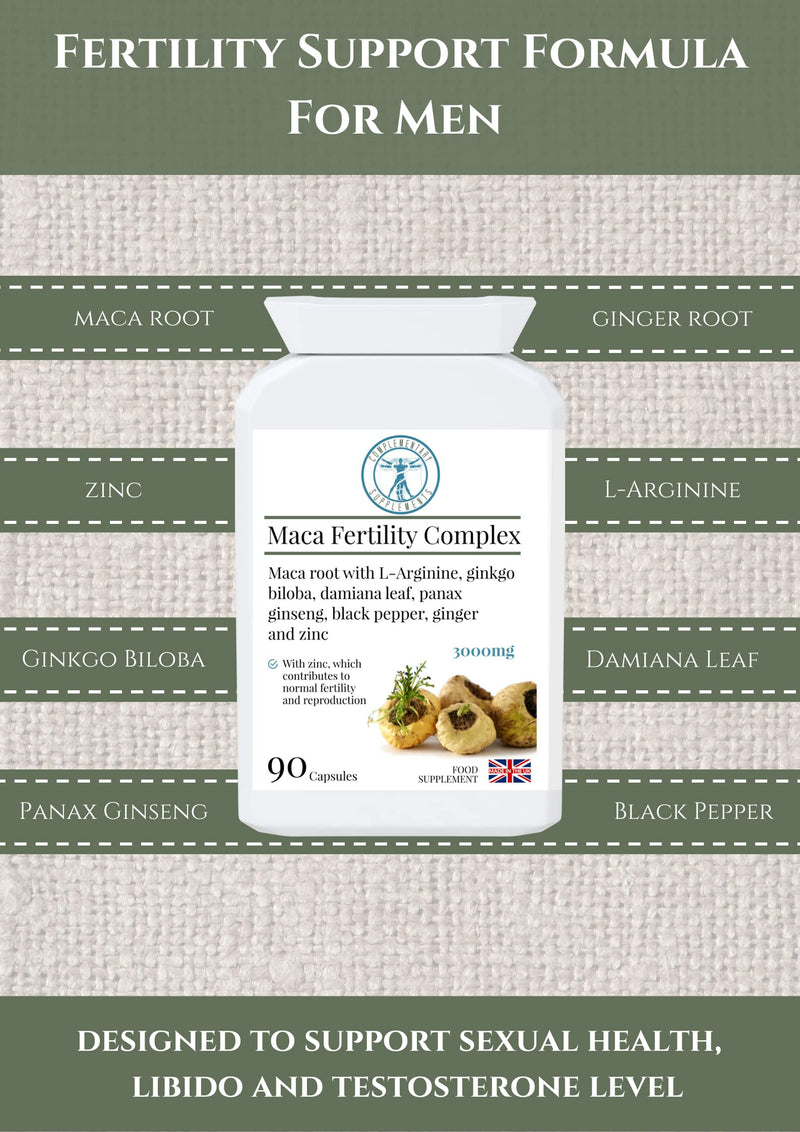 Complementary Supplements - 3000mg High Strength Maca Fertility Complex for Men - Hormonal & Testosterone Balance - 3 Months Supply - 90 Capsules - BeesActive Australia