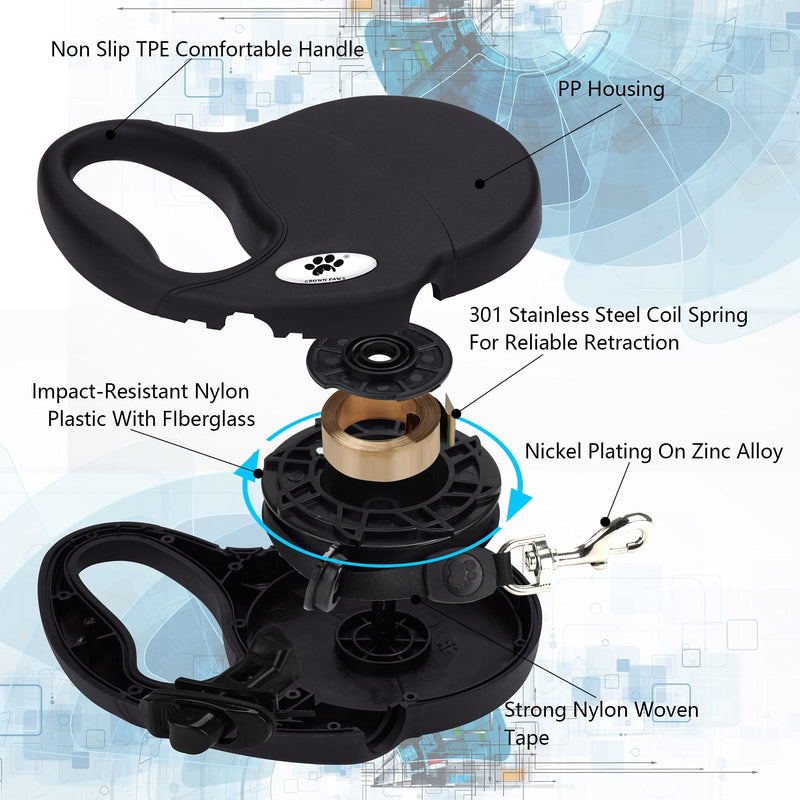 CROWN PAWS Heavy Duty Retractable Dog Leash with Anti-Slip Handle;Tangle-Free, Strong Nylon Tape Large black - BeesActive Australia