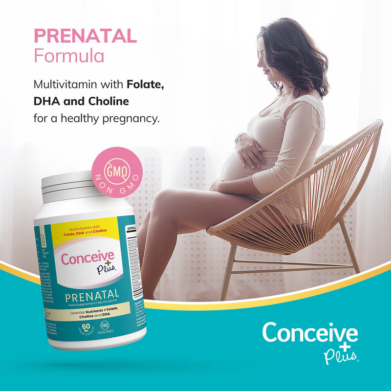 Conceive Plus Prenatal - Multivitamin + DHA, Choline, Folate. Non GMO Supplement During Pregnancy, 30 Days Supply, 60 Caps - BeesActive Australia