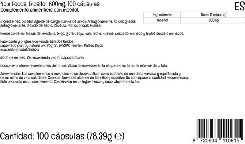 Now Foods, Inositol, 500mg, 100 Vegan Capsules, Lab-Tested, Vitamin B8, Gluten Free, SOYA Free, Vegetarian - BeesActive Australia