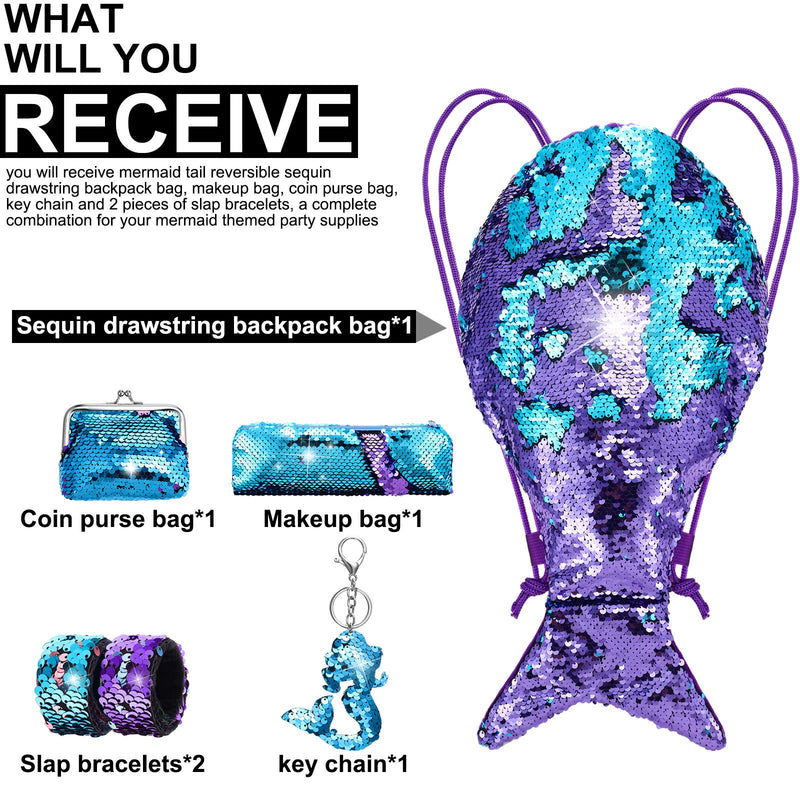 Mermaid Tail Reversible Sequin Drawstring Backpack Bag Kit (Purple and Blue Sequins) Purple and Blue Sequins - BeesActive Australia