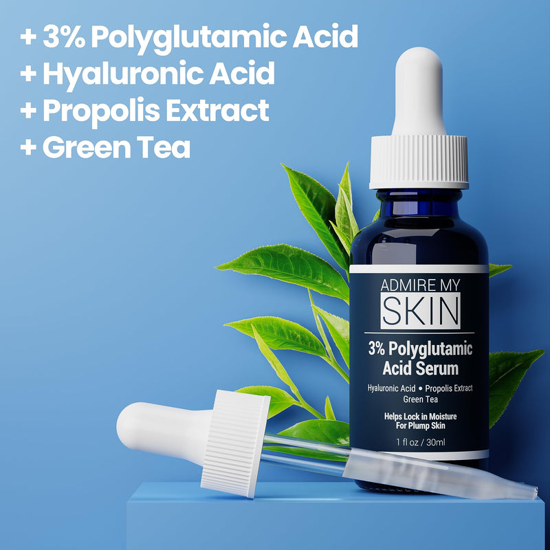 Admire My Skin 3% Polyglutamic Acid Facial Serum - PGA + Hyaluronic Acid + Propolis for Powerful Anti Aging - Moisture Locking Glow 1oz - BeesActive Australia
