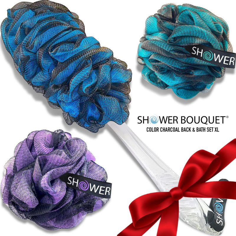 Loofah-Charcoal Back-Scrubber & Bath-Sponge Color-Set by-Shower-Bouquet: 1 Long-Handle-Back-Brush Plus 2 Extra Large 75g Soft Mesh Poufs, Men & Women - Exfoliating Cleanse with XL Luffa Lufas Loofahs Charcoal Blue, Charcoal Green, Charcoal Lavender - BeesActive Australia