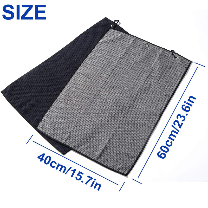 Fpxnb 2 Pack Tri-fold Golf Towel Set, Microfiber Fabric Waffle Pattern Towels, Heavy Duty Carabiner Clip (2 Pcs, 2 Colors) 1: All Black + Grey (Black Edge) - BeesActive Australia