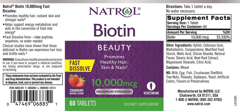 Natrol Biotin Beauty Tablets, Promotes Healthy Hair, Skin and Nails, Helps Support Energy Metabolism, Helps Convert Food Into Energy, 10,000mcg, 60Count, Strawberry 60 Count (Pack of 1) - BeesActive Australia