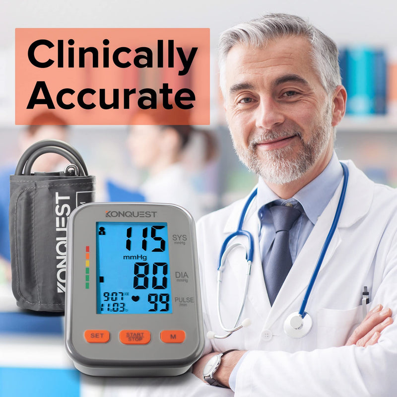 Konquest KBP-2704A Automatic Upper Arm Blood Pressure Monitor - Adjustable Cuff - Large Backlit Display - Irregular Heartbeat Detector - Tensiometro Digital… Gray - BeesActive Australia