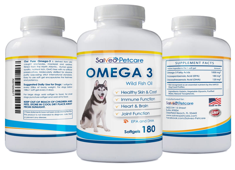 Salveo Petcare Omega 3 Fish Oil for Dogs - Natural Pet Supplement for Shiny Coat - Wild Caught More EPA & DHA Than Salmon Oil - No Fishy Smell or Mess - Ideal for Medium Large Dogs 180 - BeesActive Australia