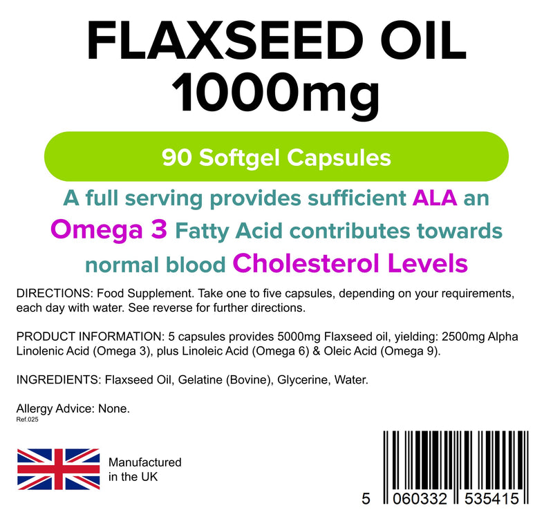 Lindens Flaxseed Oil 1000mg - 90 Capsules - Source of Omega 3 6 9 | UK Made | High in Alpha Linoleic Acid (ALA) | Maintenance of Normal Blood Cholesterol Levels | Fish Oil Alternative - BeesActive Australia