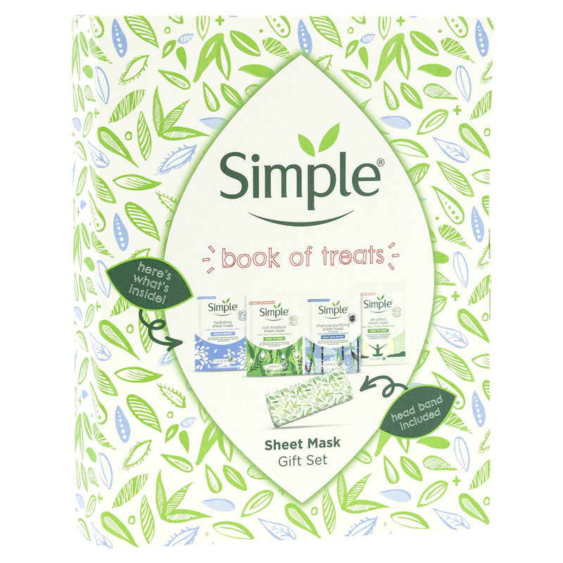 Simple Book of Treats Four Sheet Masks for every skin condition with a stretch head band Gift Set Festive gifts for Women 4 piece 21 ml (Pack of 4) - BeesActive Australia