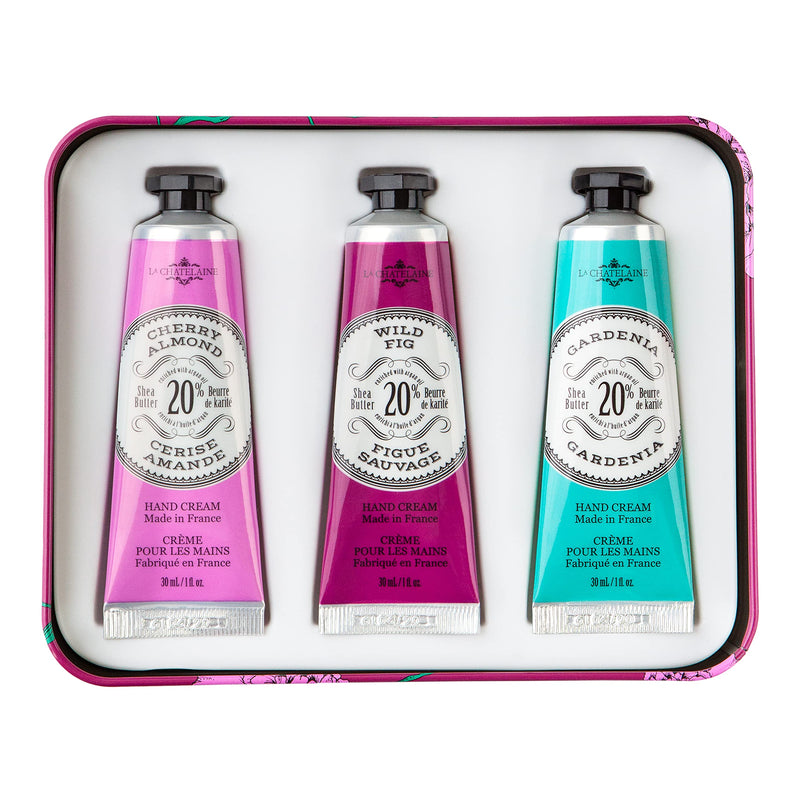 La Chatelaine Hand Cream Trio Tin Gift Set - Egglant | Natural | Made in France with 20% Organic Shea Butter | Nourishing and Moisturizing | 3 x 1 fl. oz (Cherry Almond, Wild Fig, & Gardenia) Eggplant Trio 1 Fl Oz (Pack of 3) - BeesActive Australia