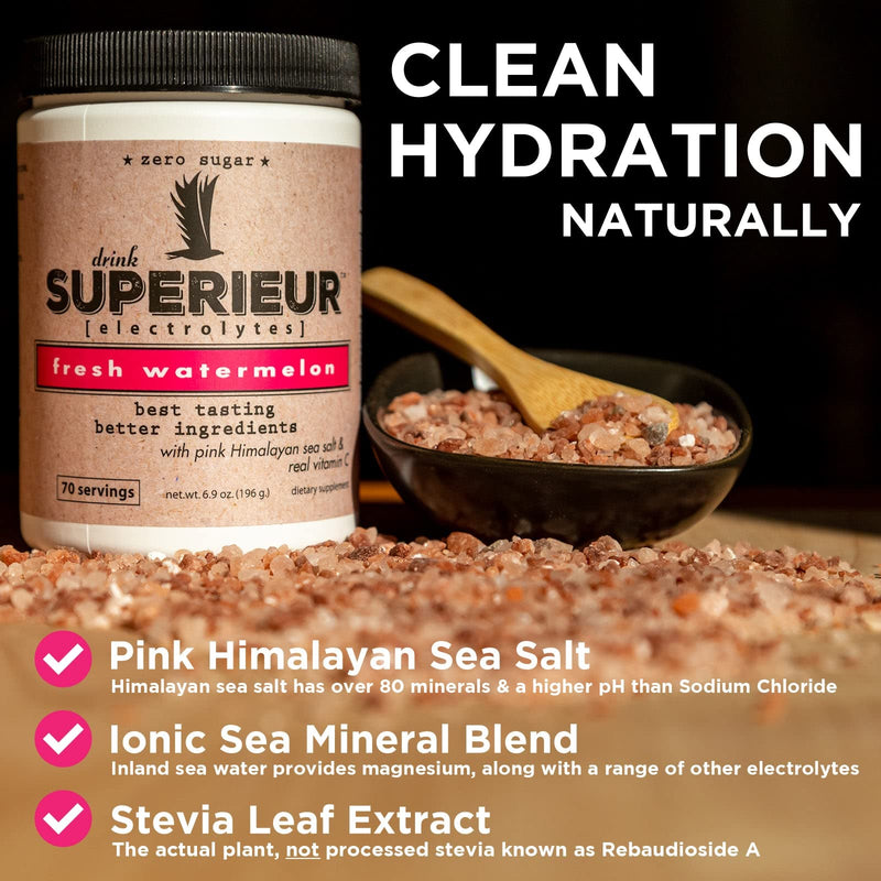 Superieur Electrolytes – Plant Based Electrolyte Supplement w/Sea Minerals for Hydration & Recovery – Keto Friendly, Non-GMO, Zero Sugar, Vegan Healthy Sports Drink Powder – Watermelon (70 Servings) - BeesActive Australia