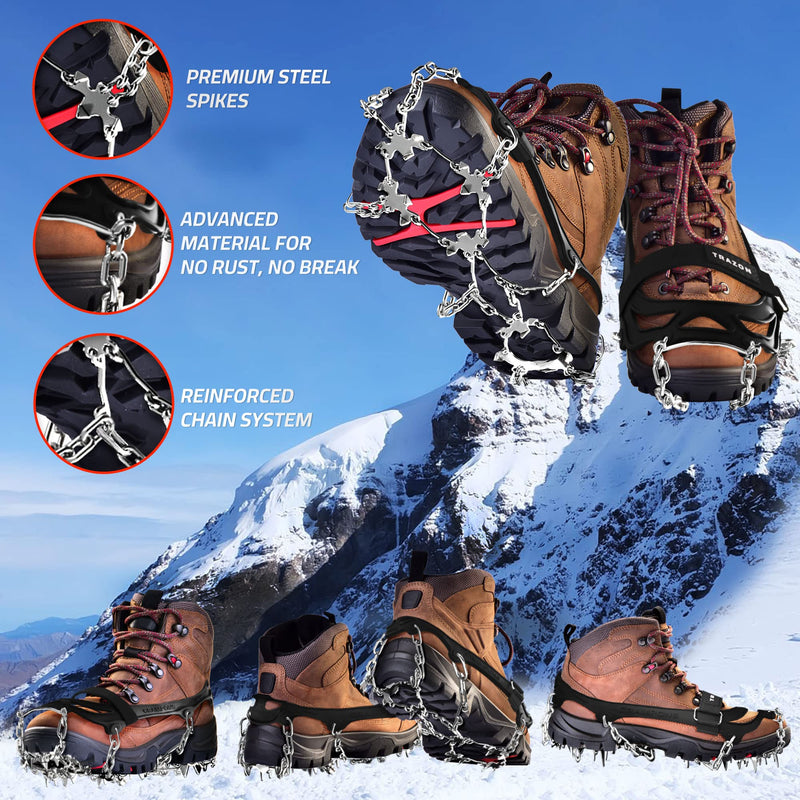 Crampons Ice Cleats for Hiking Boots and Shoes, Anti Slip Walk Traction Cleats, Snow Ice Grippers 19 Spikes and Grips, Safe Protect for Hiking Climbing Fishing Mountaineering Walking - Men Woomen Kids Black / size X-Large - BeesActive Australia