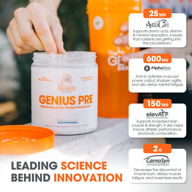 Genius Pre Workout Powder, Blue Raspberry - All-Natural Nootropic Pre-workout & Caffeine-Free Nitric Oxide Booster Supplement with Beta Alanine & Alpha GPC - No Artificial Flavors, Sweeteners, or Dyes - BeesActive Australia