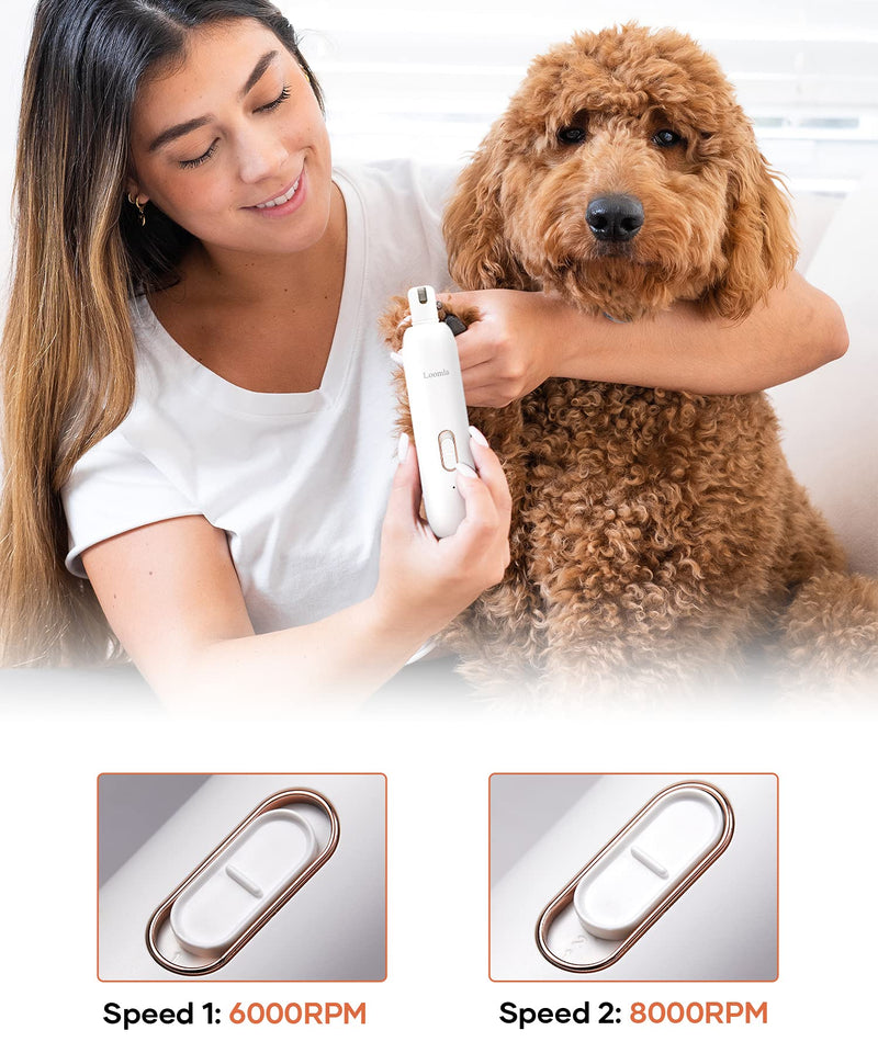 Loomla Dog Nail Grinder Upgraded - Professional 2 Speed Dog Nail Trimmers with Low Noise, USB Rechargeable Pet Nail Grinder, Paws Grooming and Smoothing for Dogs, Cats and Small Animals White - BeesActive Australia