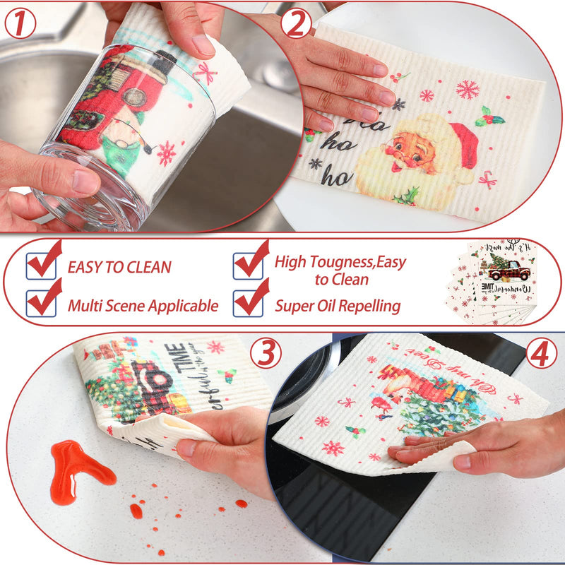 6 Pieces Christmas Swedish Kitchen Table Dishcloths Reusable Christmas Dish Towels Absorbent Cleaning Cloth Fast Dry Kitchen Dishcloth with Santa, Snowman, Christmas Tree, Deer for Kitchen Cleaning Bright Style - BeesActive Australia
