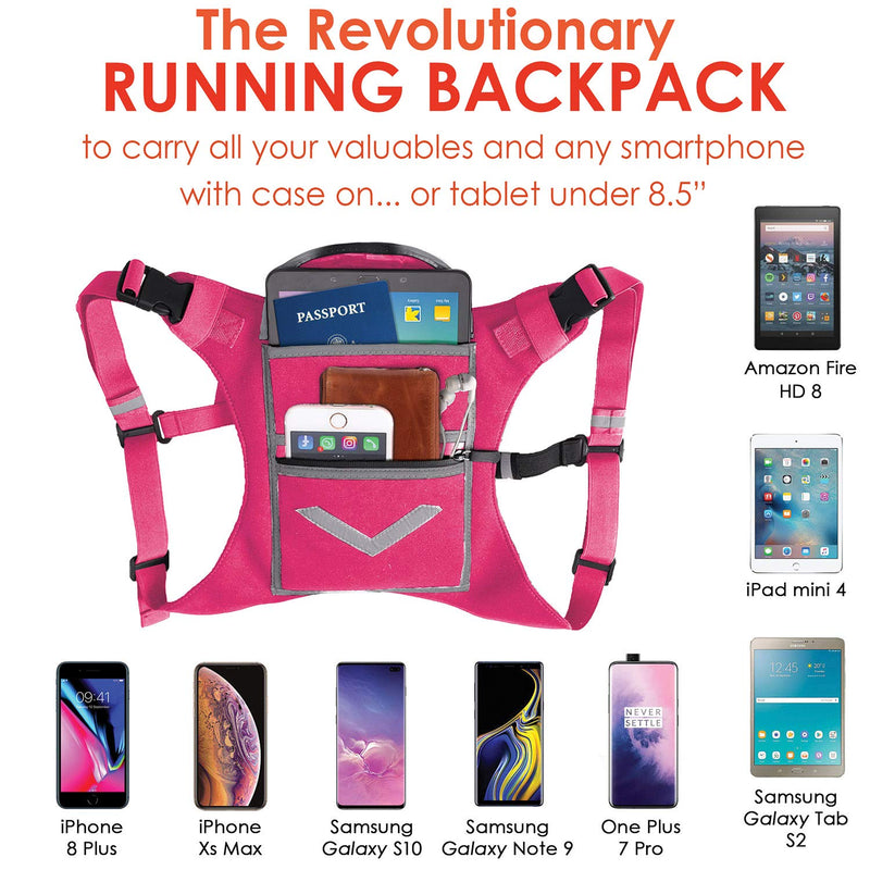 Pink Running Mini Backpack Vest for Men & Women - Reflective w/360°Hi-Viz, Holds Accessories and any iPhone, Android, iPad mini - Lightweight Adjustable gear for Fitness, Walking, Cycling and more! Hot Pink - BeesActive Australia
