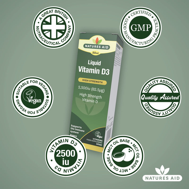 Natures Aid Vegan Vitamin D3/Cholecalciferol Liquid, 2500iu, Dropper Included, 50 ml (Pack of 1) - BeesActive Australia
