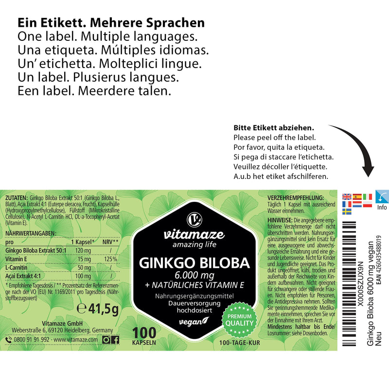 Ginkgo Biloba Capsules 6000mg with Acai, L-Carnitine and Vitamin E - 100 Days Supply - Booster for Learning and Memory - Gingko Biloba Extract 50:1 - Supplement Without Additives Ginkgo Biloba Complex - BeesActive Australia