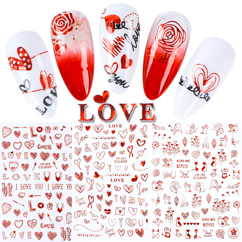 8 Sheets 3D Romantic Valentine's Day Nail Stickers Black Red Self Adhesive Love Heart Letter Rose Vine Abstract Face Images Cat Animal Nail Decal For Women Girl Nail Slider Art Decorations - BeesActive Australia