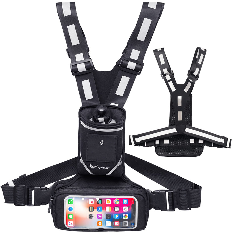 New Reflective Chest Pack Bag w/12 oz. Water Bottle and Touchscreen Ready Clear Window - iPhone/Android Phone Holder - Night Gear Vest w/360° High-Viz for Jogging, Walking, Hiking, Workouts, Cycling! Stylish Black - BeesActive Australia