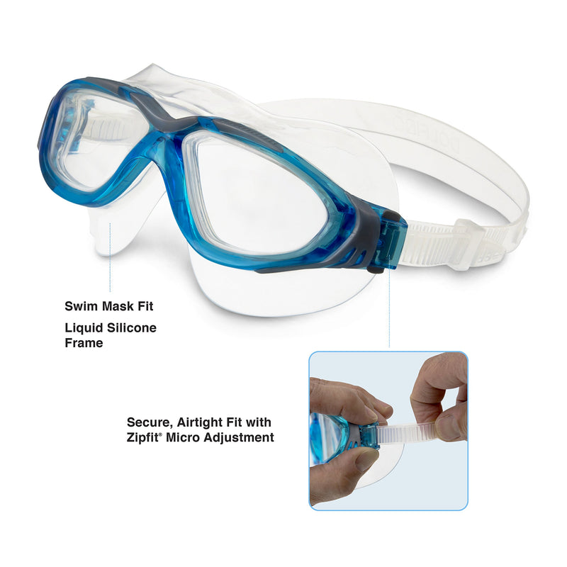 [AUSTRALIA] - Dolfino Pro Silicone Visionist Swim Mask, Italian Design, Wide Angle Viewing, Tinted Lenses, No Leaking Anti Fog UV Protection Goggles Includes Case for Adults Men Women Youth, Clear/Blue Visionist Mask + Case, Clear/Blue 