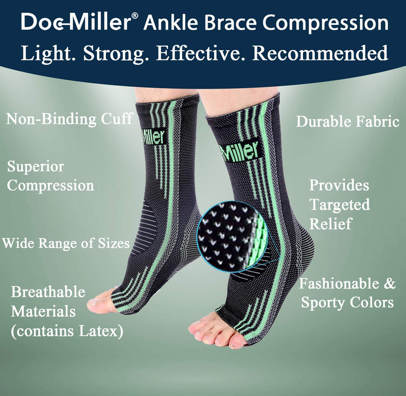 Doc Miller Ankle Compression Sleeve For Achilles Tendonitis & Plantar Fasciitis Relief, Recover Sports Injury and foot Joint Swelling - 1 Pair Large Green Color 20-30 mmHg Toeless Foot Compression Sleeve - BeesActive Australia