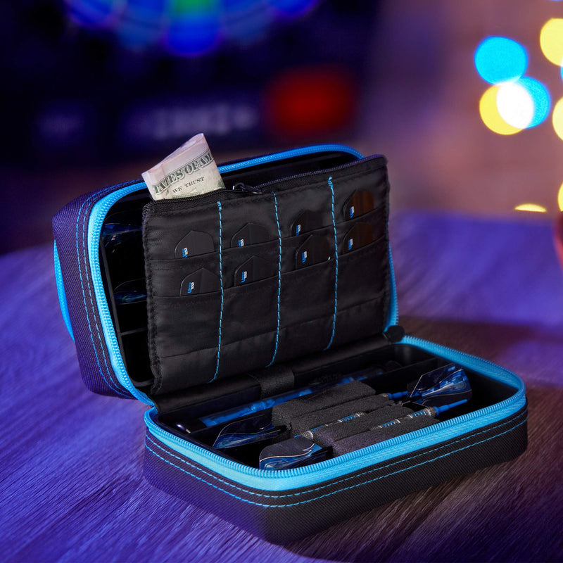 Casemaster Plazma Pro, 6 Dart Case for Soft and Steel Tip Darts, Features Large Front Mobile Device Pocket, Built-In Storage Tubes and Pockets for Flights, Tips, Shafts, and Personal Items Blue Trim - BeesActive Australia