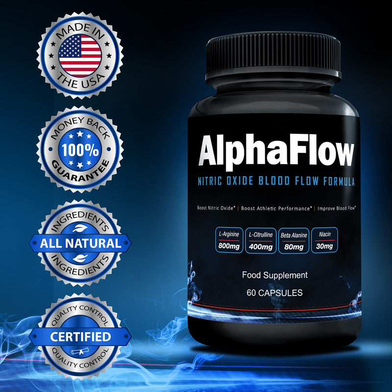 AlphaFlow L-Arginine, L-Citrulline & Beta Alanine | 1340mg Nitric Oxide (NO) Booster for Muscle Growth, Blood Flow, Vascularity & Size | Money Back Guarantee | 60 Vege Capsules - BeesActive Australia