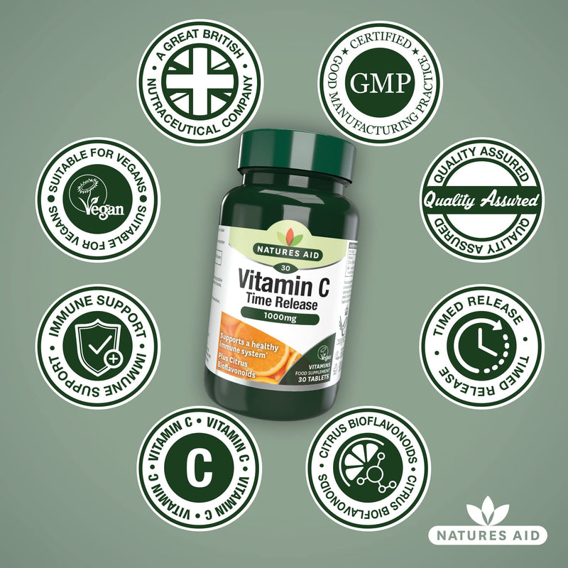 Natures Aid Vitamin C, Time Release 30 Tablets, 1000 mg (with Citrus Bioflavonoids, Slow Release, for the Normal Function of the Immune System, Vegan Society Approved, Made in the UK) Vitamin C Time Release 1000 mg, 30 Tablets - BeesActive Australia