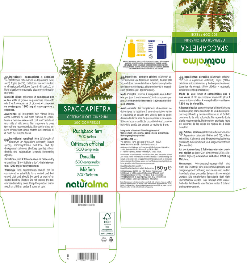 Rustyback Fern (Ceterach officinarum or Asplenium Ceterach) Leaves NATURALMA | 150 g | 300 Tablets of 500 mg | Food Supplement | Natural and Vegan - BeesActive Australia