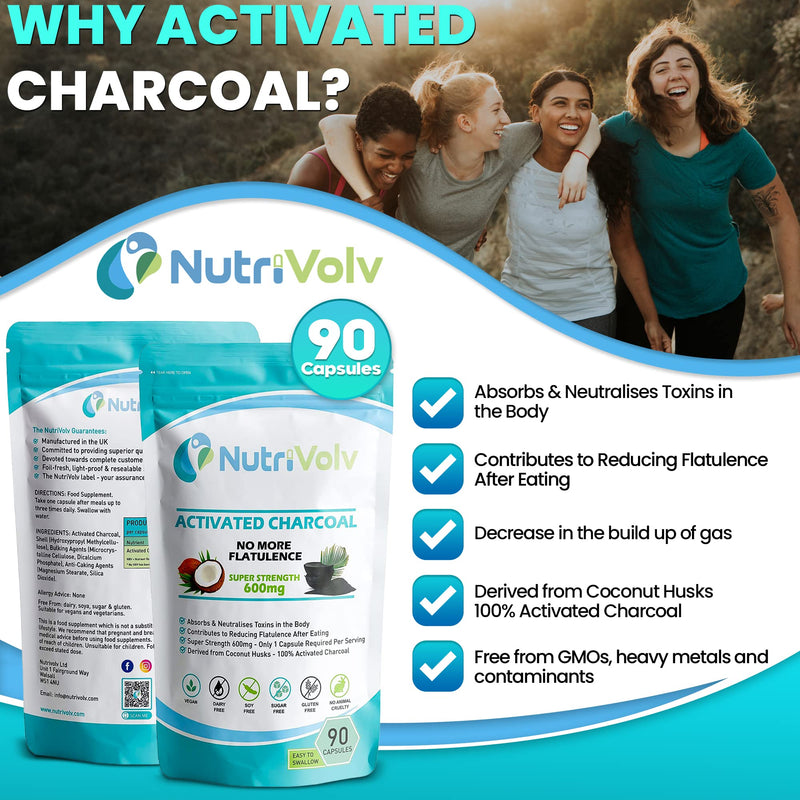 Pure Organic Activated Charcoal 600mg Capsules , Reduce Flatulence, Gas & Bloating-Detox | 90 Capsules - BeesActive Australia