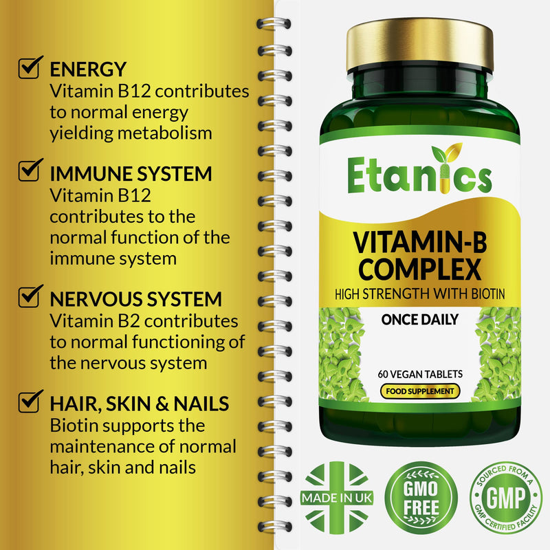 Etanics Vitamin B Complex 60 Tablets � All 8 B Vitamins B1, B2, B3, B5, B6, B12, Biotin & Folic Acid � Vegetarian & Vegan Made in the UK � Supports High Strength Mental Performance and Reduces Fatigue - BeesActive Australia