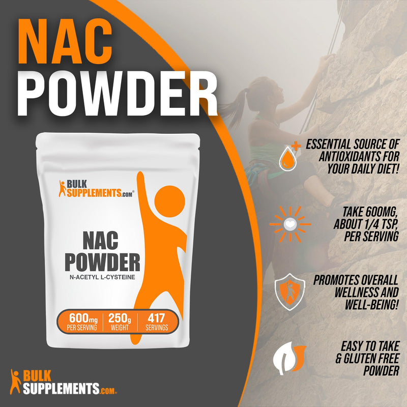 BULKSUPPLEMENTS.COM NAC Powder - N-Acetyl Cysteine 600mg, NAC Supplement, NAC 600 mg - Brain & Antioxidants Supplement - Gluten Free, 600mg per Serving, 417 Servings, 250g (8.8 oz) 417 Servings (Pack of 1) - BeesActive Australia