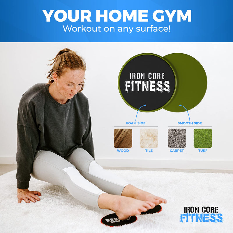 Iron Core Fitness 2 x Dual Sided Gliding Discs Core Sliders Ultimate Core Ab Fitness Trainer. Gym, Home Abdominal & Total Body Workout Equipment for use on All Surfaces. Camo Green - BeesActive Australia
