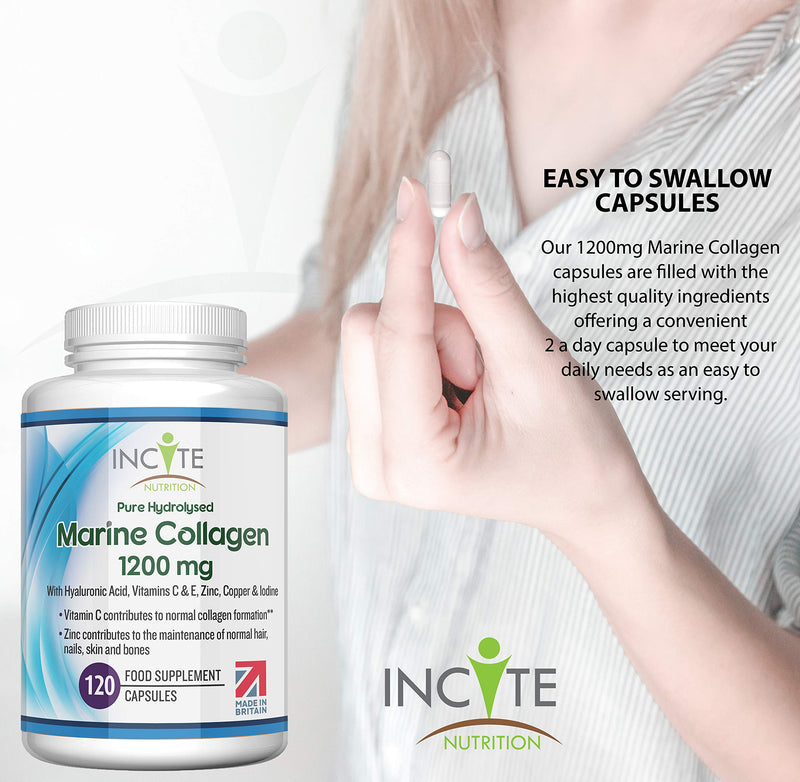 Marine Collagen 1200mg | 120 High Strength Collagen Capsules Supplements for Women & Men Pure Superior Type 1 Hydrolysed Marine Collagen Enhanced with Vitamins C, E, B12, Copper, Zinc and Iodine. - BeesActive Australia