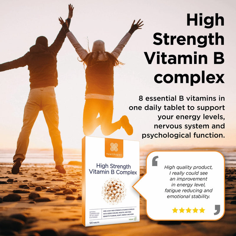 Healthspan High Strength Vitamin B Complex (120 Tablets) | High Levels of All 8 B-Complex Vitamins | Supports Brain & Heart Health | Immune Health | Reduces Tiredness & Fatigue | with Choline | Vegan - BeesActive Australia