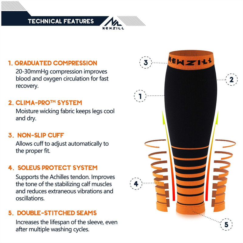 NEWZILL Compression Calf Sleeves (20-30mmHg) for Men & Women - Perfect Option to Our Compression Socks - For Running, Shin Splint, Medical, Travel, Nursing Stripes Black/Orange S/M (see Size Chart) - BeesActive Australia