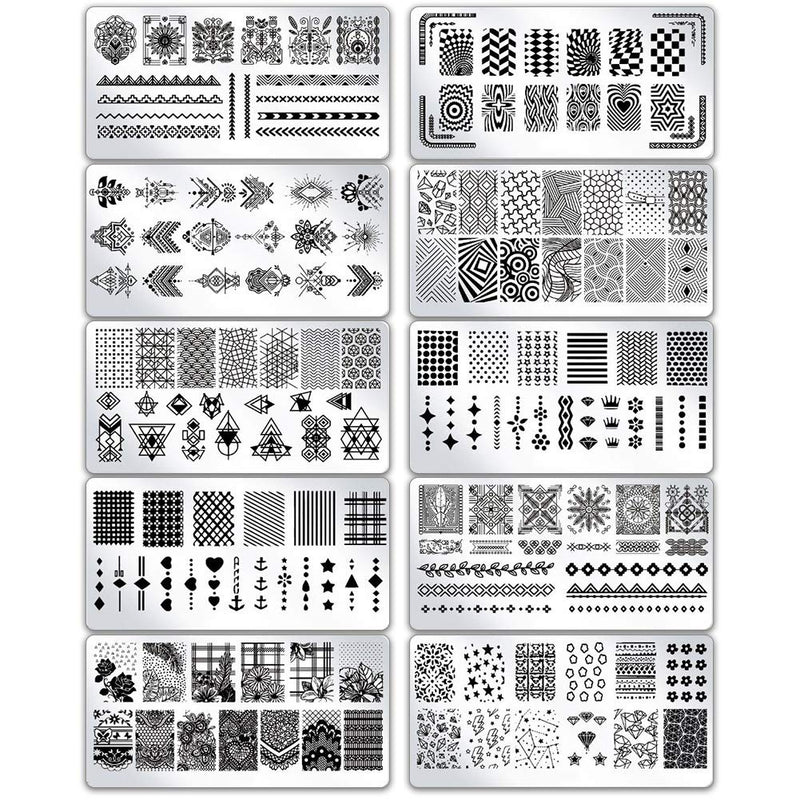 Aoliandatong Nail Stamping Plates Set 10pcs with 1 Stamper and 1 Scraper Flowers, Lace, Geometric Patterns Nail Art Stamping Templates Manicure Tool Kit - BeesActive Australia