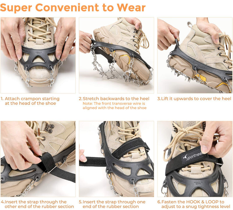 Crampons for Hiking Boots and Snow Shoes, Sportneer 19 Spikes Stainless Steel Anti-Slip Climbing Crampons, Boot Chains and Footwear Traction Microspikes for Hiking Walking Mountaineering Climbing Black X-Large - BeesActive Australia