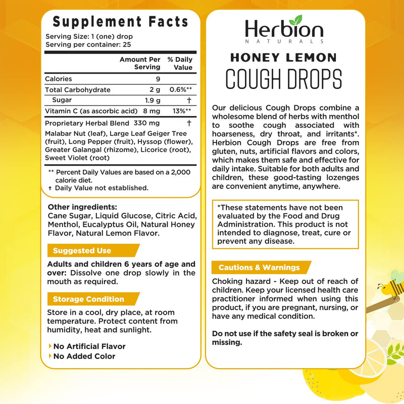 Herbion Naturals Cough Drops with Natural Honey Lemon Flavor, Dietary Supplement, for Adults and Children Over 6 Years, 25 Drops - BeesActive Australia
