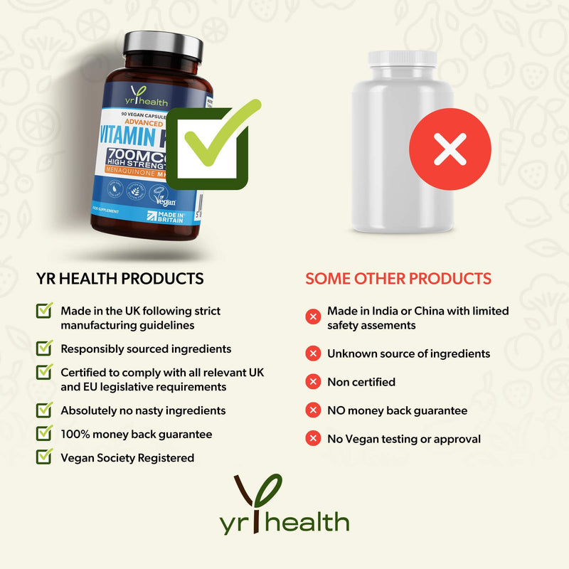 Vitamin K2 MK7 700mcg - High Strength Vitamin K2 Menaquinone - 90 Vegan Society Registered Capsules Not Tablets - Made in The UK by YrHealth - BeesActive Australia