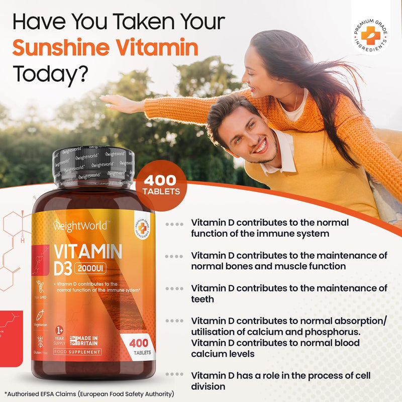 Vitamin D3 2000 IU - 400 Tablets (Over A Year Supply) Natural Vitamin D Tablets, Vitamin D Contributes to Normal Immune System & Blood Calcium Levels (EFSA), Vegetarian - Easy to Take Micro Tablets - BeesActive Australia