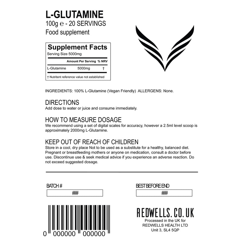 L Glutamine Powder REDWELLS Amino Acid No Additives GMO Free Vegan - 100g Pack 100 g (Pack of 1) - BeesActive Australia