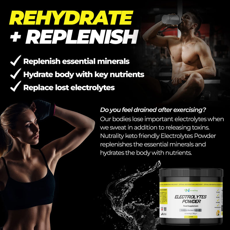Nutrality Electrolytes Food Supplement Powder 350g – Refreshing Lemon Flavour. 50 Servings, No Sugar, Magnesium Keto Electrolyte Hydration Powder, Recovery, No Calcium, Paleo Hydration, Vegan Friendly - BeesActive Australia