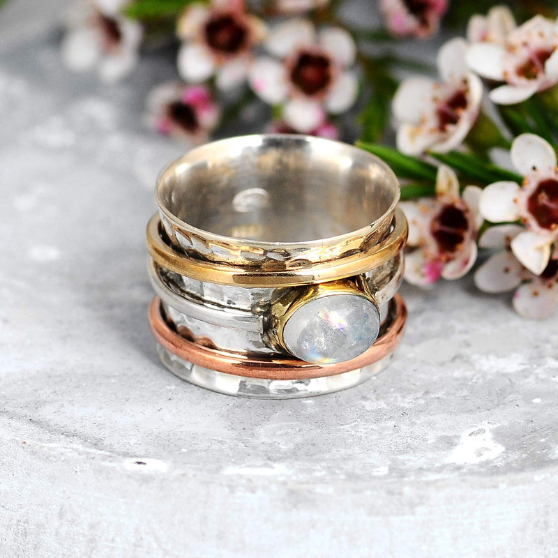 Boho-Magic 925 Sterling Silver Spinner Moonstone Ring for Women with Copper and Brass Fidget Rings Bands 6 - BeesActive Australia