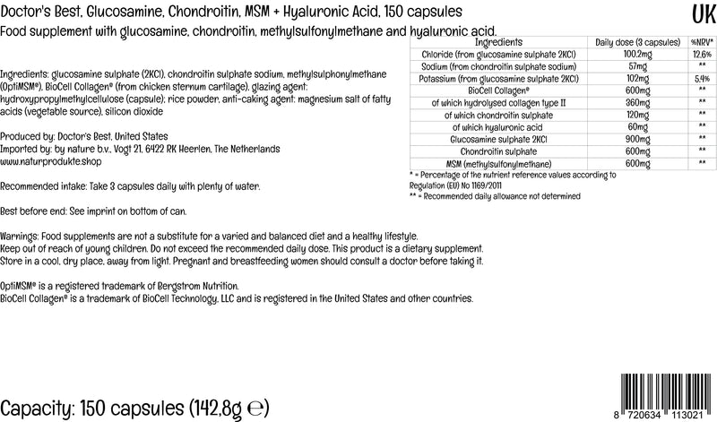 Doctor's Best, Glucosamine, Chondroitin, MSM and Hyaluronic Acid, 150 Capsules, Laboratory Tested, Gluten Free, SOYA Free, Non-GMO - BeesActive Australia