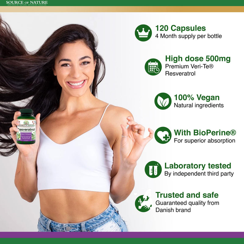 Source of Nature� | Trans-RESVERATROL 500mg | 120 Capsules | 4-Month Supply | >98% Pure European Produced Active Ingredient | High Dose | Vegan | Antioxidant Protection 120 Kapsel Flasche - BeesActive Australia