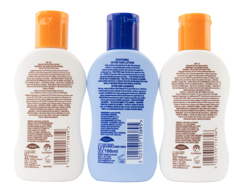 Malibu Sun Travel Essentials with Medium Suncream Protection and Soothing Aftersun Lotion, Water Resistant, SPF 15 and 20, Multipack, 3 x 100ml - BeesActive Australia